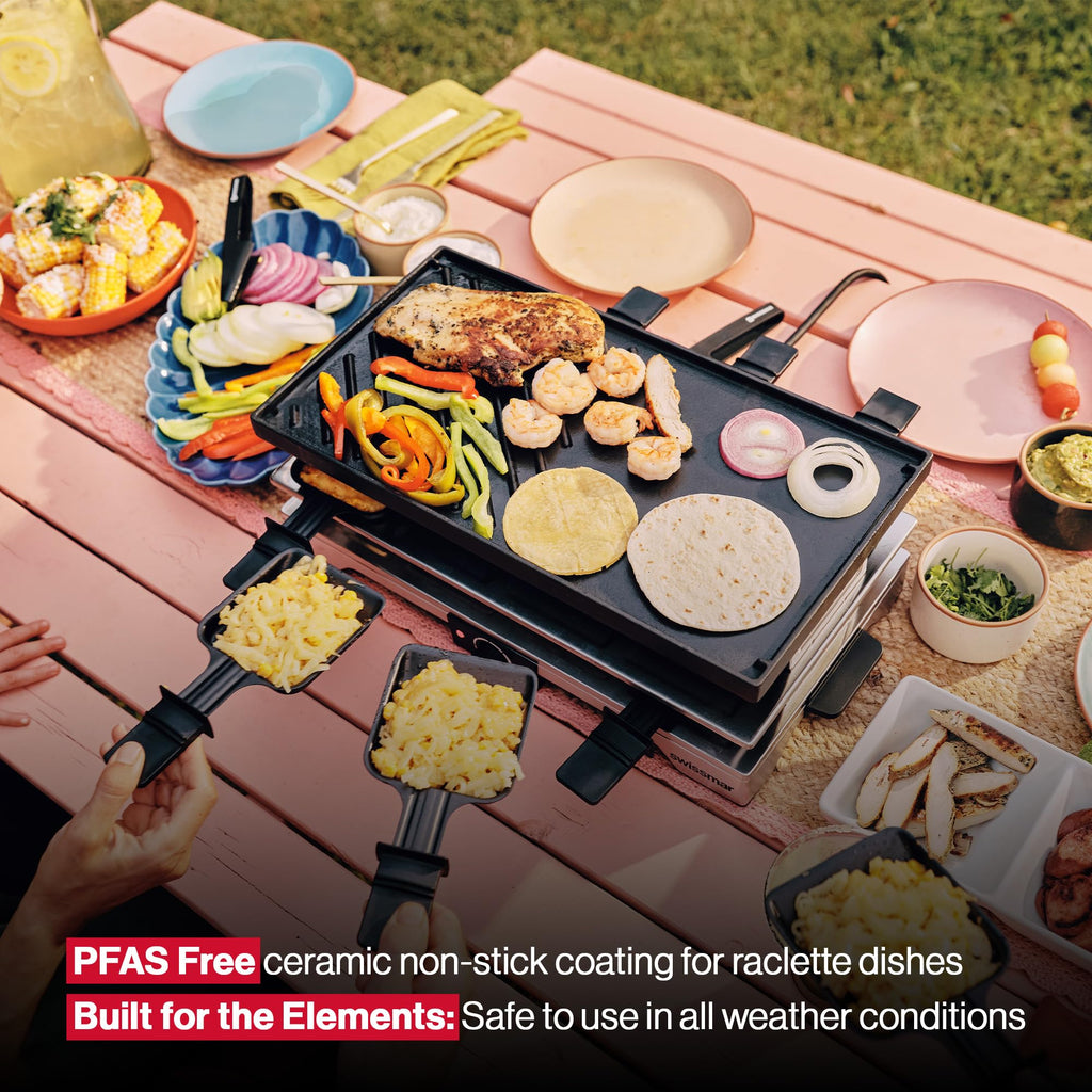 Swissmar Verso Indoor & Outdoor Raclette Grill with Cast Iron Reversible Griddle / Grill Top - 1700W Electric Raclette Set with PFAS-Free Nonstick Dishes, Variable Heat Control, 8-Person