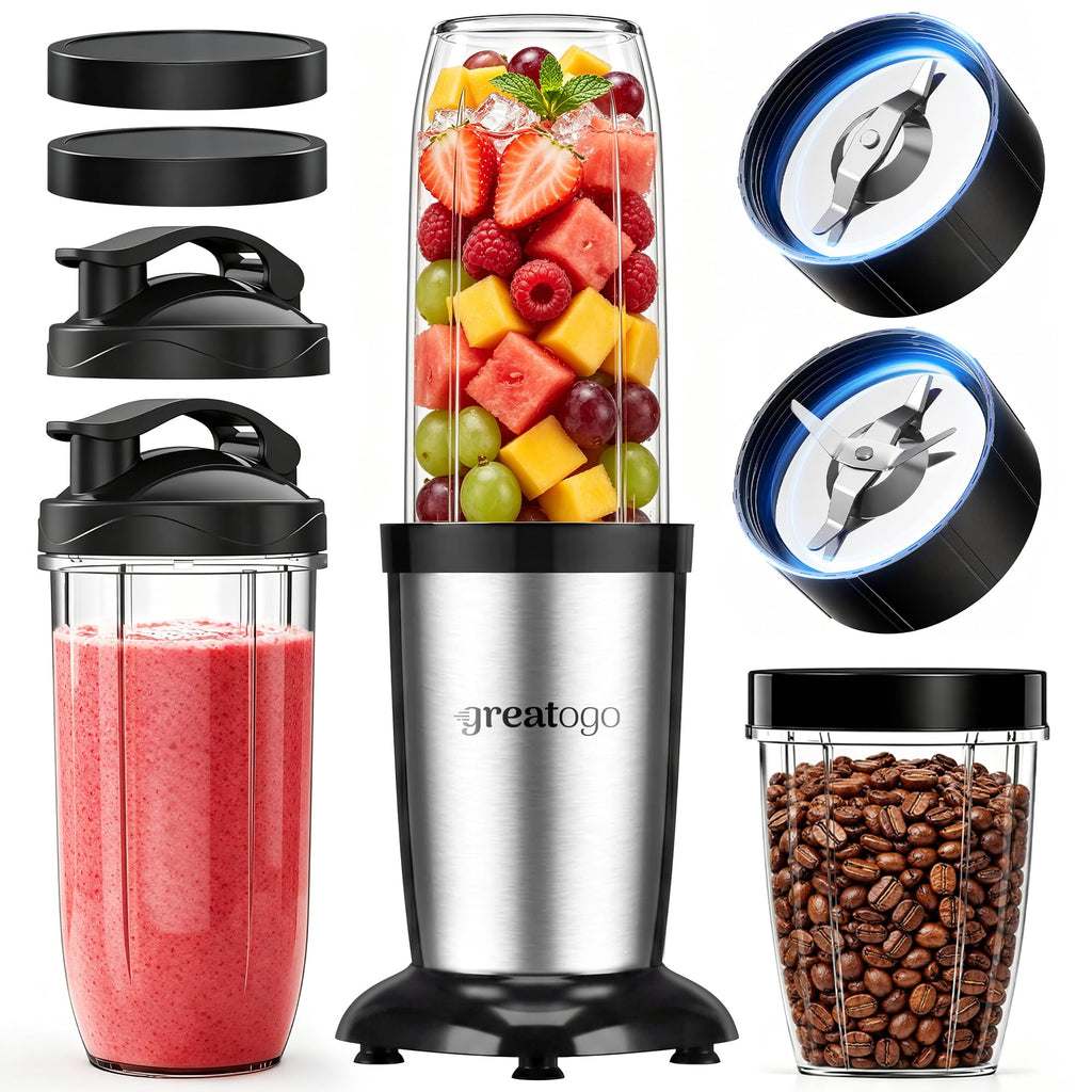 Greatogo Personal Bullet Blender for Smoothies and Shakes, Kitchen Portable Compact Smoothie Maker with 2×24oz To-Go Cups, 10oz Grinding Cup for Frozen Drinks, Small Ice, and Spices