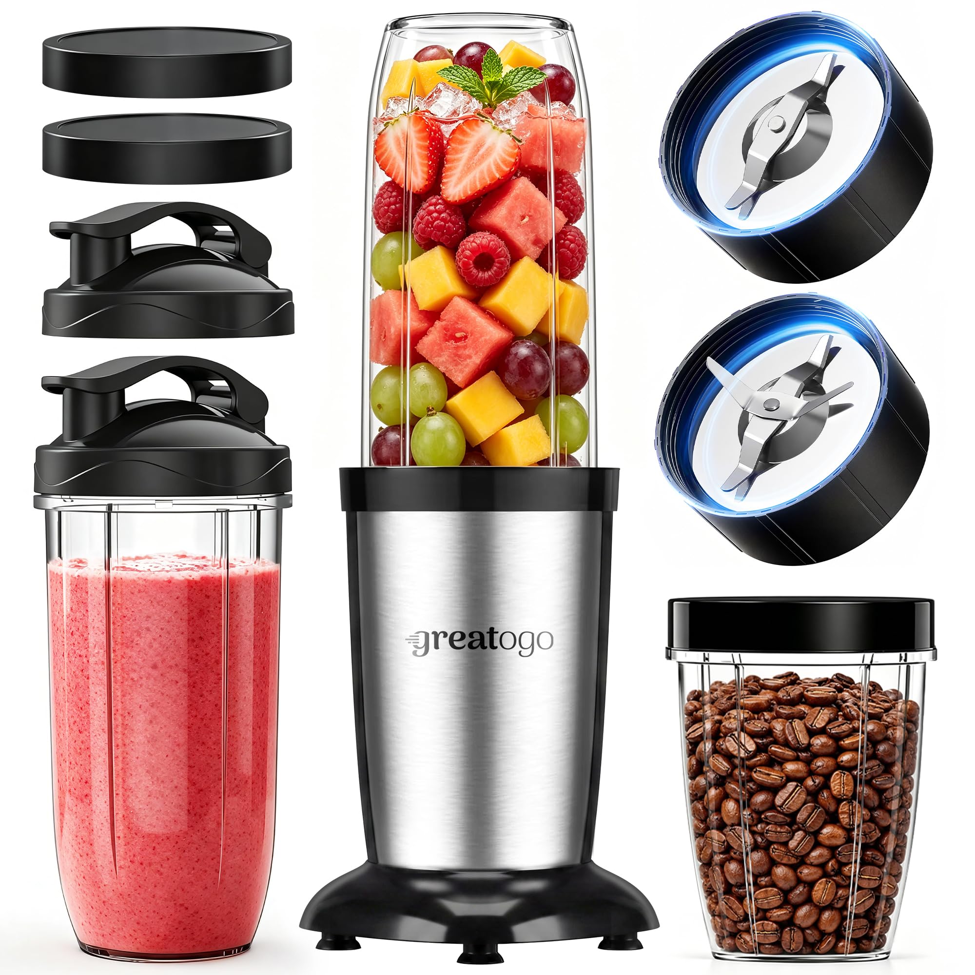 Greatogo Personal Bullet Blender for Smoothies and Shakes, Kitchen Portable Compact Smoothie Maker with 2×24oz To-Go Cups, 10oz Grinding Cup for Frozen Drinks, Small Ice, and Spices
