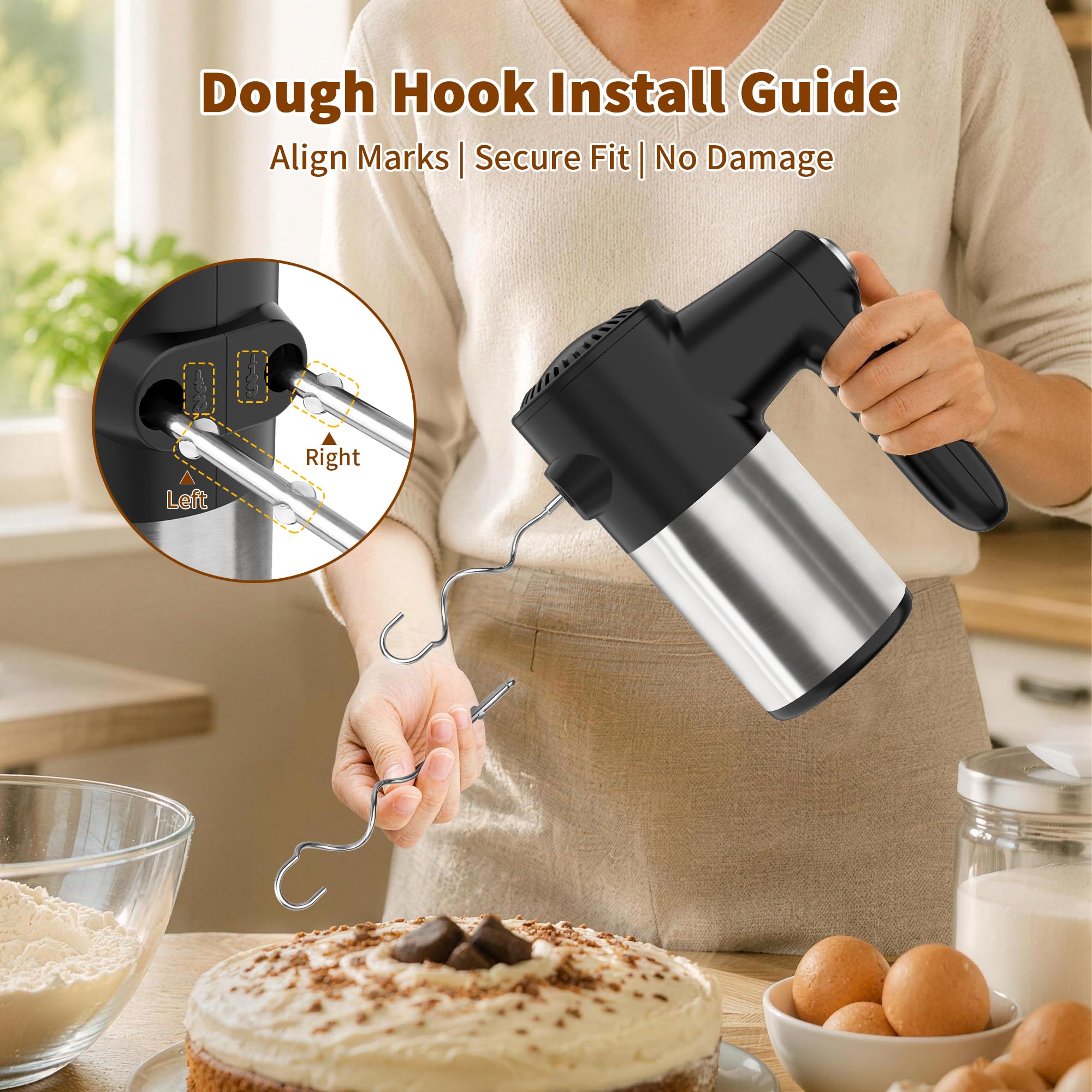 Cordless Hand Mixer, Rechargeable Electric Handheld Mixer with 6 x 304 Stainless Steel Attachments (2 Whisks, 2 Beaters, 2 Dough Hooks) & Storage Case, for Baking, Eggs, Cakes