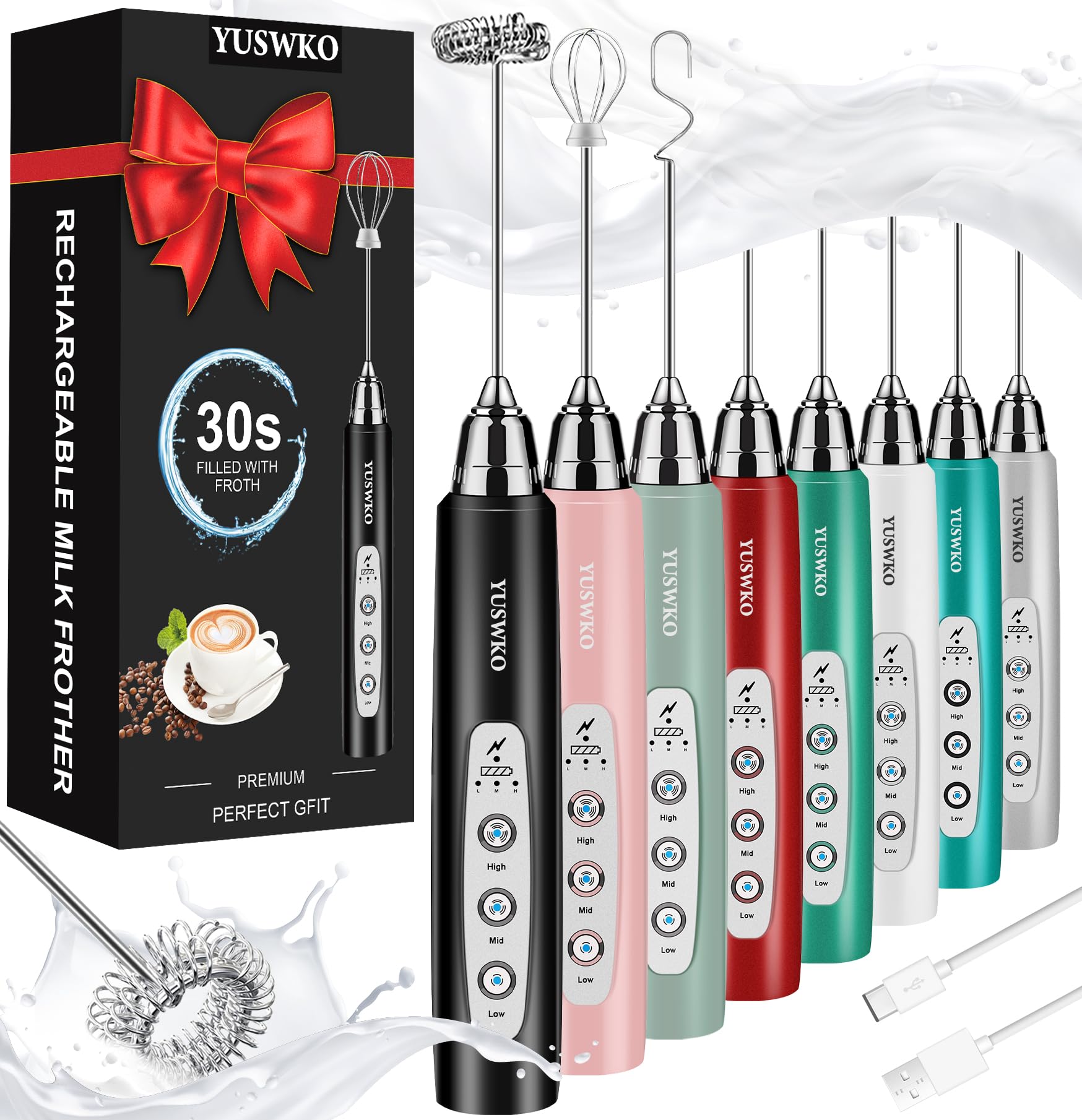 YUSWKO Rechargeable Handheld Milk Frother Wand for Coffee