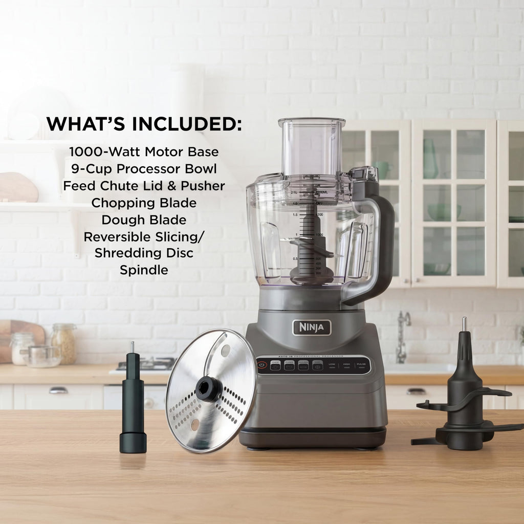 Ninja Food Processor, Professional Plus,4 Functions for Chopping, Slicing, Purees & Dough with 9-Cup Processor Bowl, Food Chute & Pusher