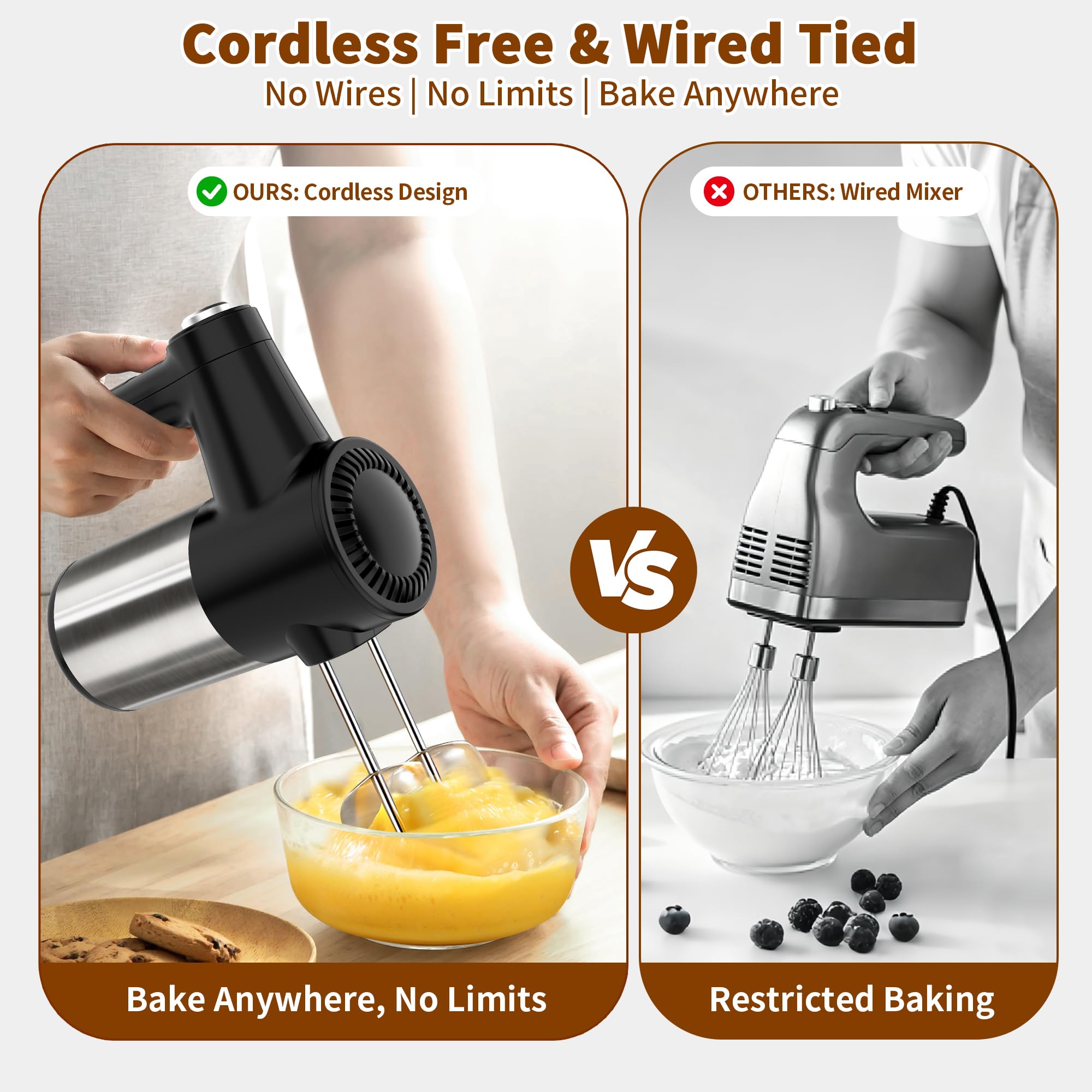 Cordless Hand Mixer, Rechargeable Electric Handheld Mixer with 6 x 304 Stainless Steel Attachments (2 Whisks, 2 Beaters, 2 Dough Hooks) & Storage Case, for Baking, Eggs, Cakes