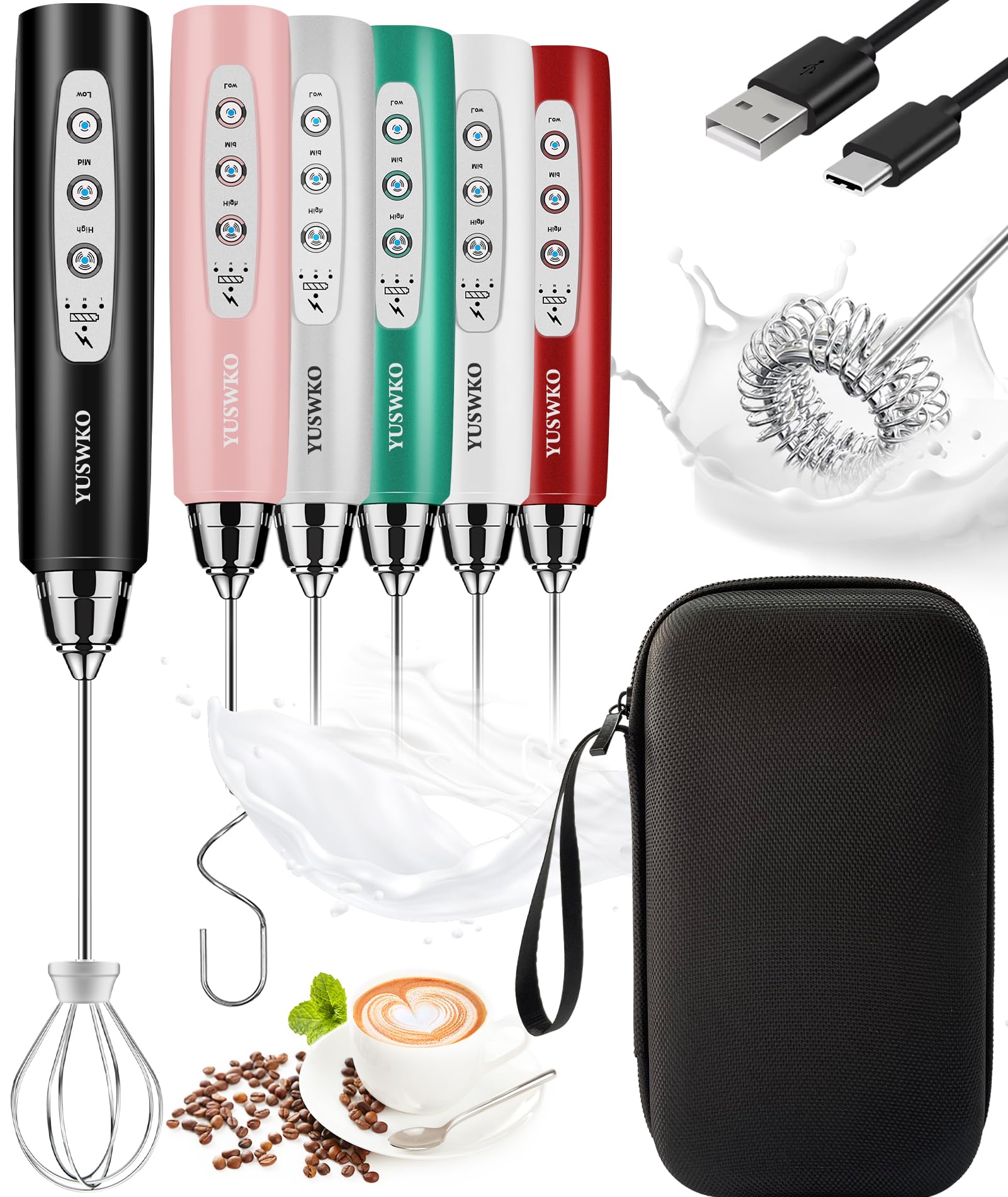 YUSWKO Rechargeable Handheld Milk Frother Wand for Coffee