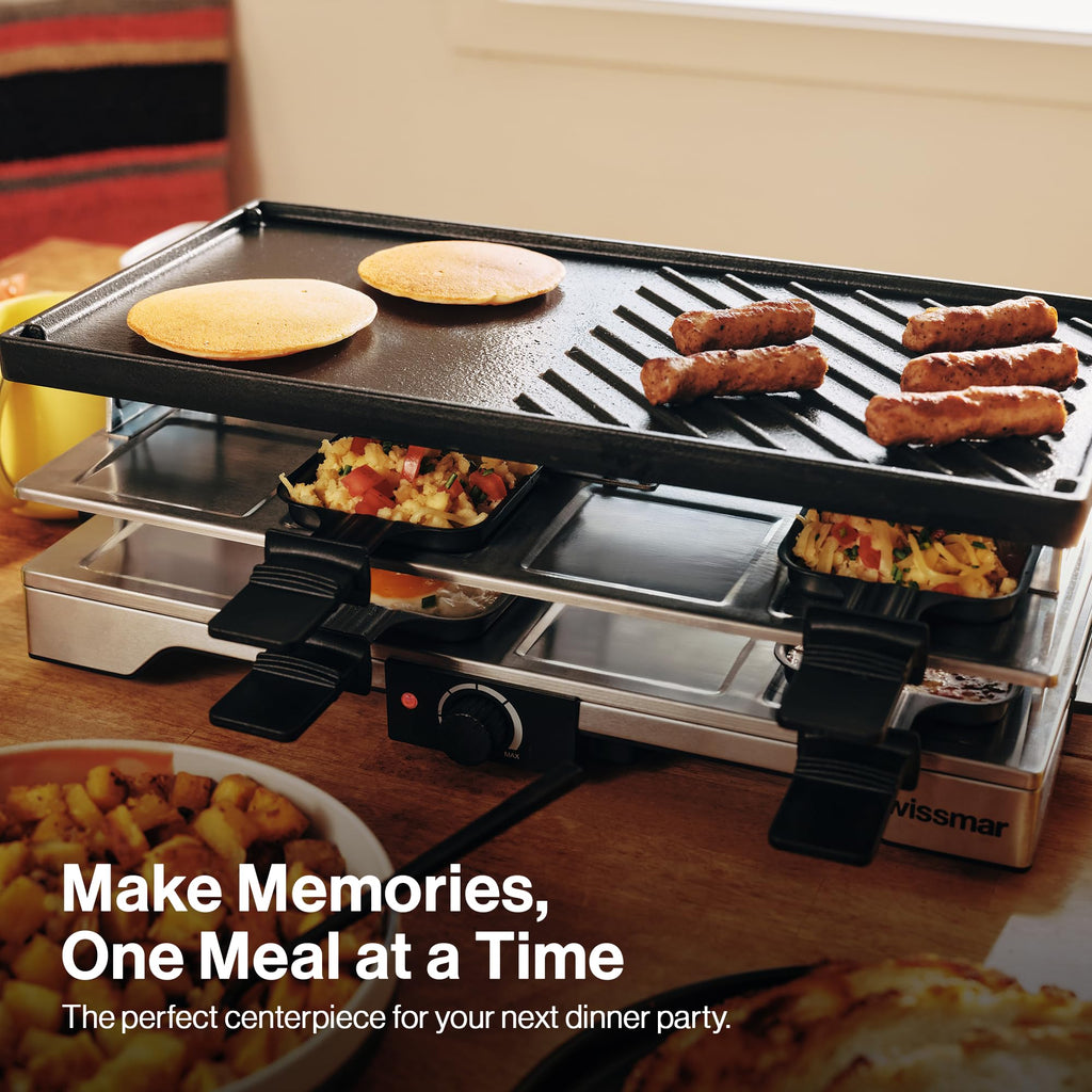 Swissmar Verso Indoor & Outdoor Raclette Grill with Cast Iron Reversible Griddle / Grill Top - 1700W Electric Raclette Set with PFAS-Free Nonstick Dishes, Variable Heat Control, 8-Person