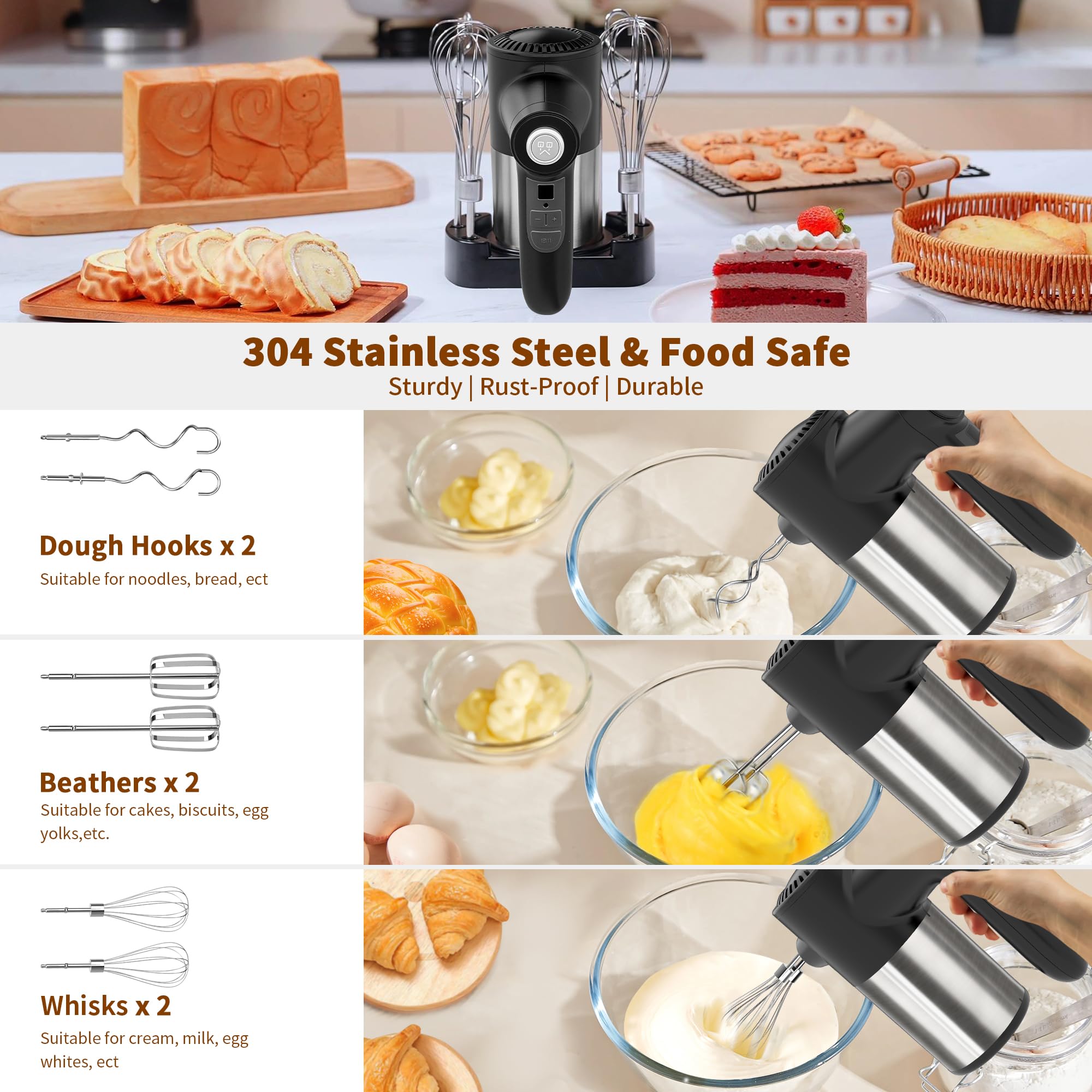 Cordless Hand Mixer, Rechargeable Electric Handheld Mixer with 6 x 304 Stainless Steel Attachments (2 Whisks, 2 Beaters, 2 Dough Hooks) & Storage Case, for Baking, Eggs, Cakes