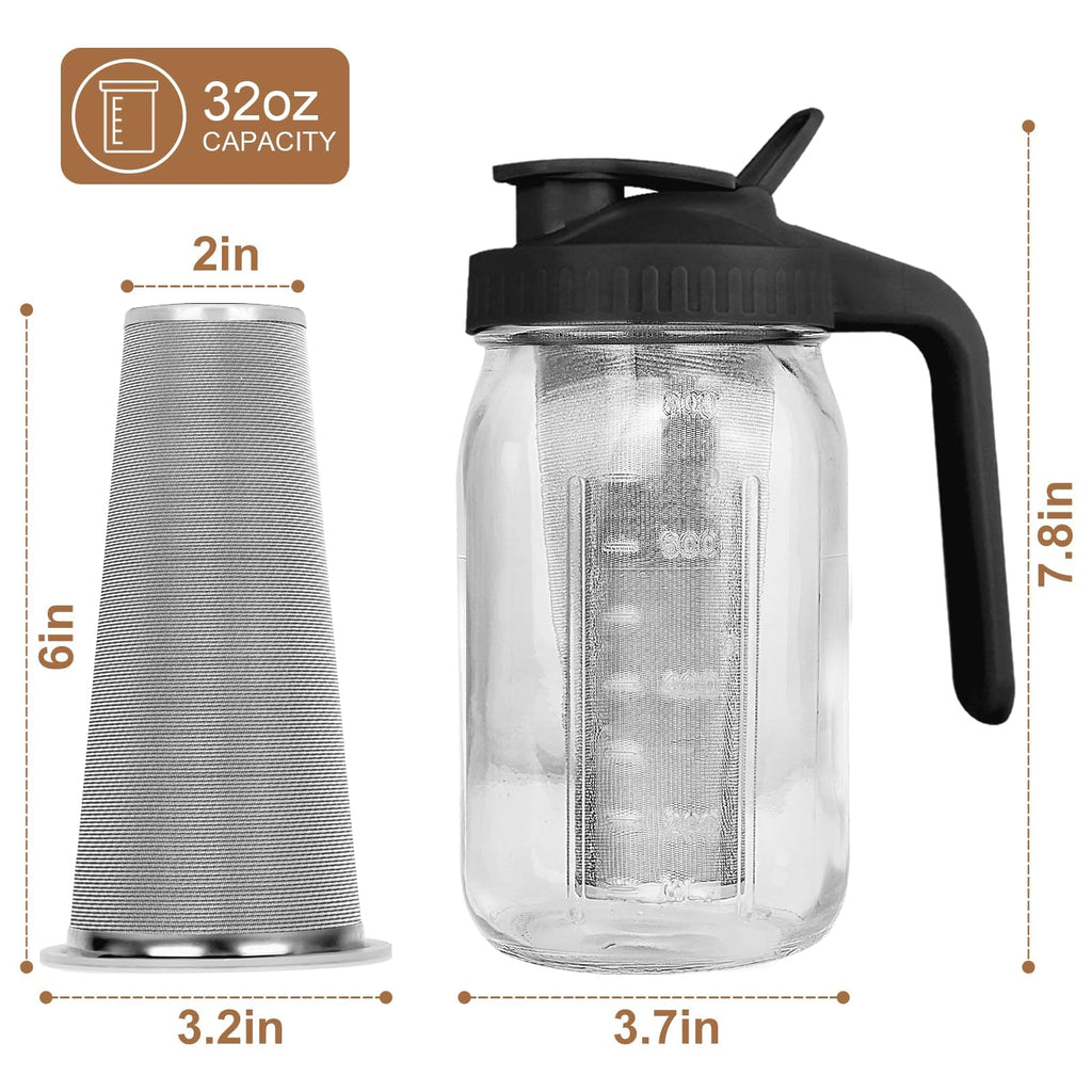QHH Cold Brew Coffee Maker, 64 oz Mason Jar Pitcher with Stainless Steel Filter, Pour Spout Handle Lid, Airtight & Leak-Proof for Iced Coffee,Tea & Lemonade