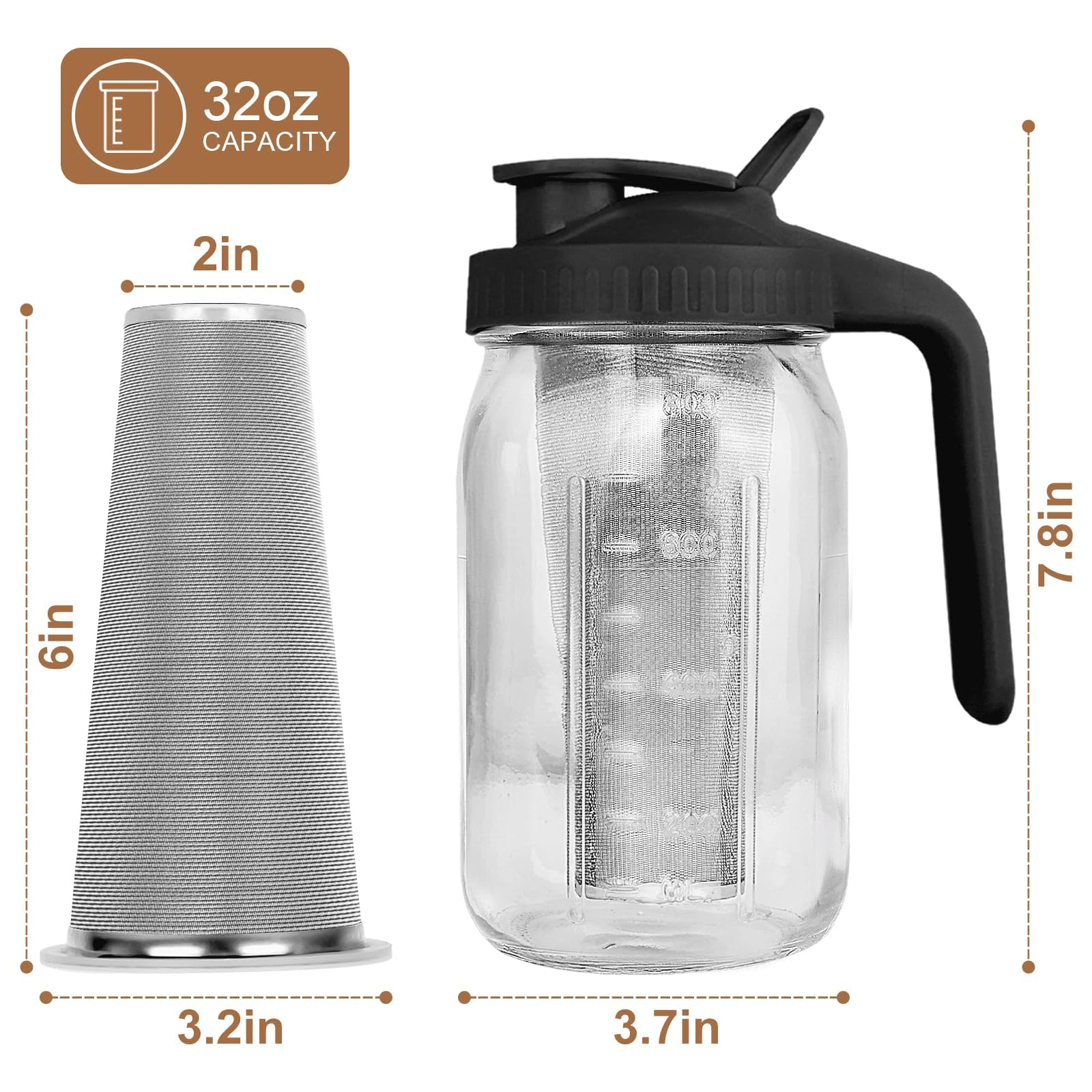 QHH Cold Brew Coffee Maker, 64 oz Mason Jar Pitcher with Stainless Steel Filter, Pour Spout Handle Lid, Airtight & Leak-Proof for Iced Coffee,Tea & Lemonade