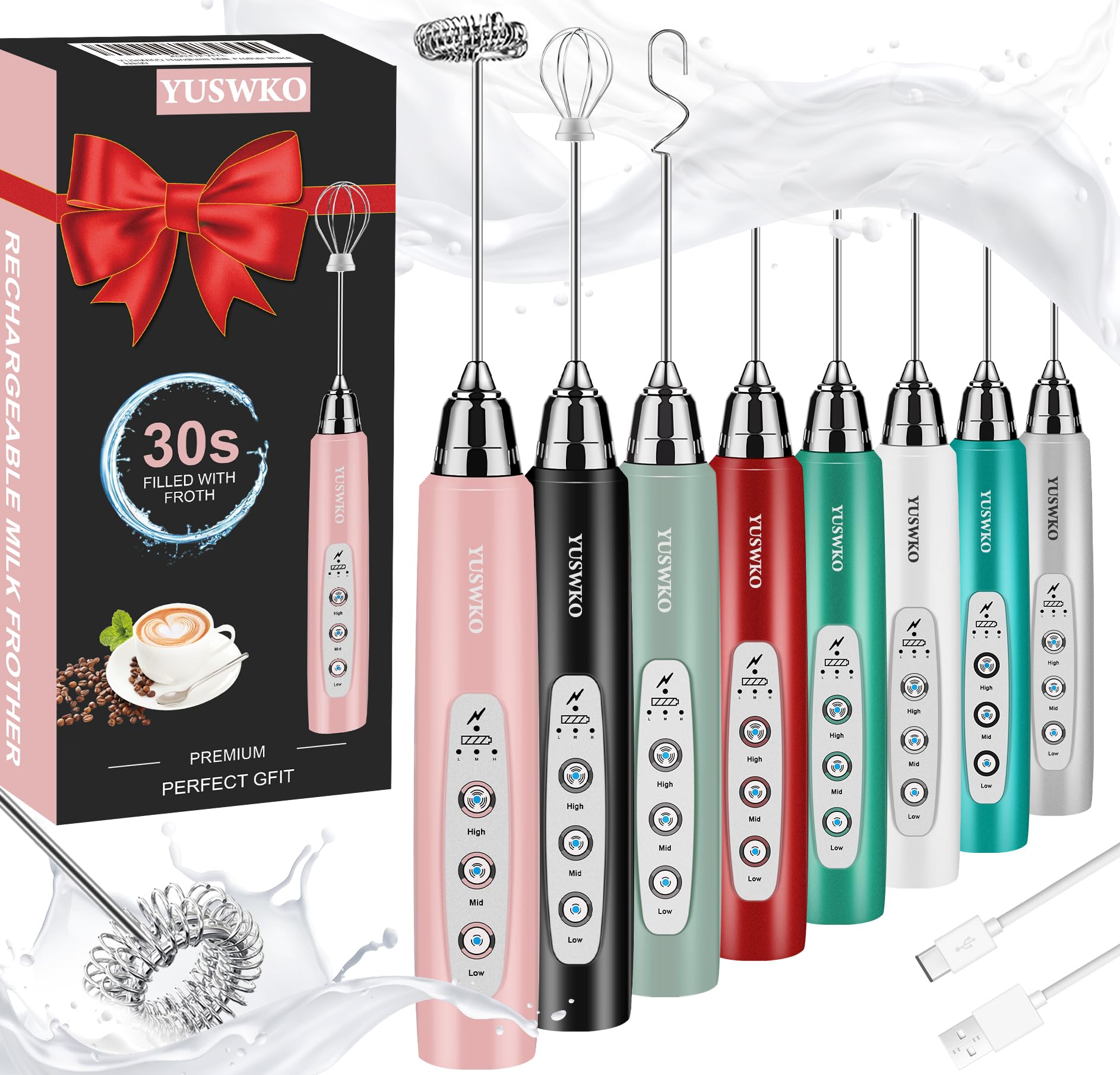 YUSWKO Rechargeable Handheld Milk Frother Wand for Coffee