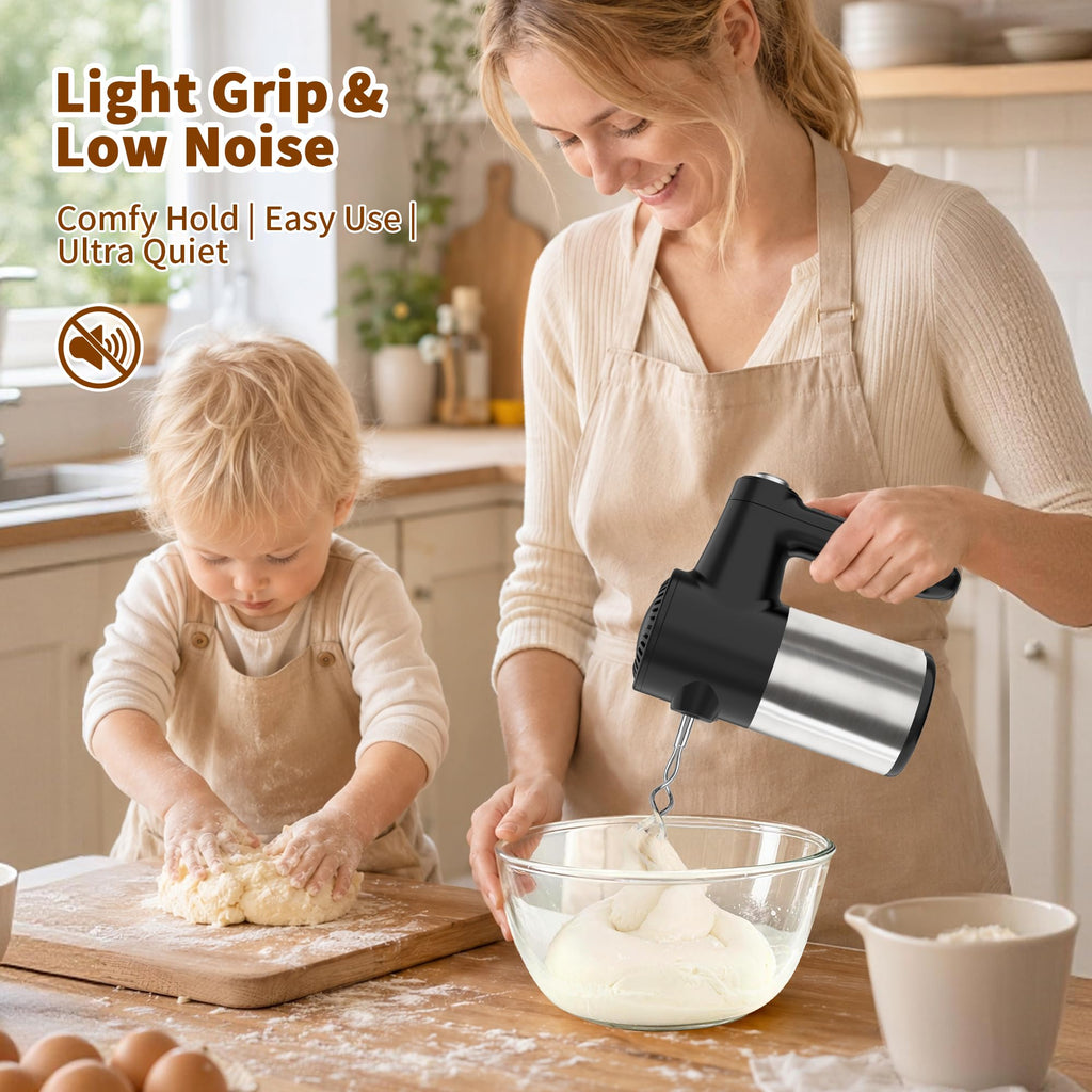 Cordless Hand Mixer, Rechargeable Electric Handheld Mixer with 6 x 304 Stainless Steel Attachments (2 Whisks, 2 Beaters, 2 Dough Hooks) & Storage Case, for Baking, Eggs, Cakes