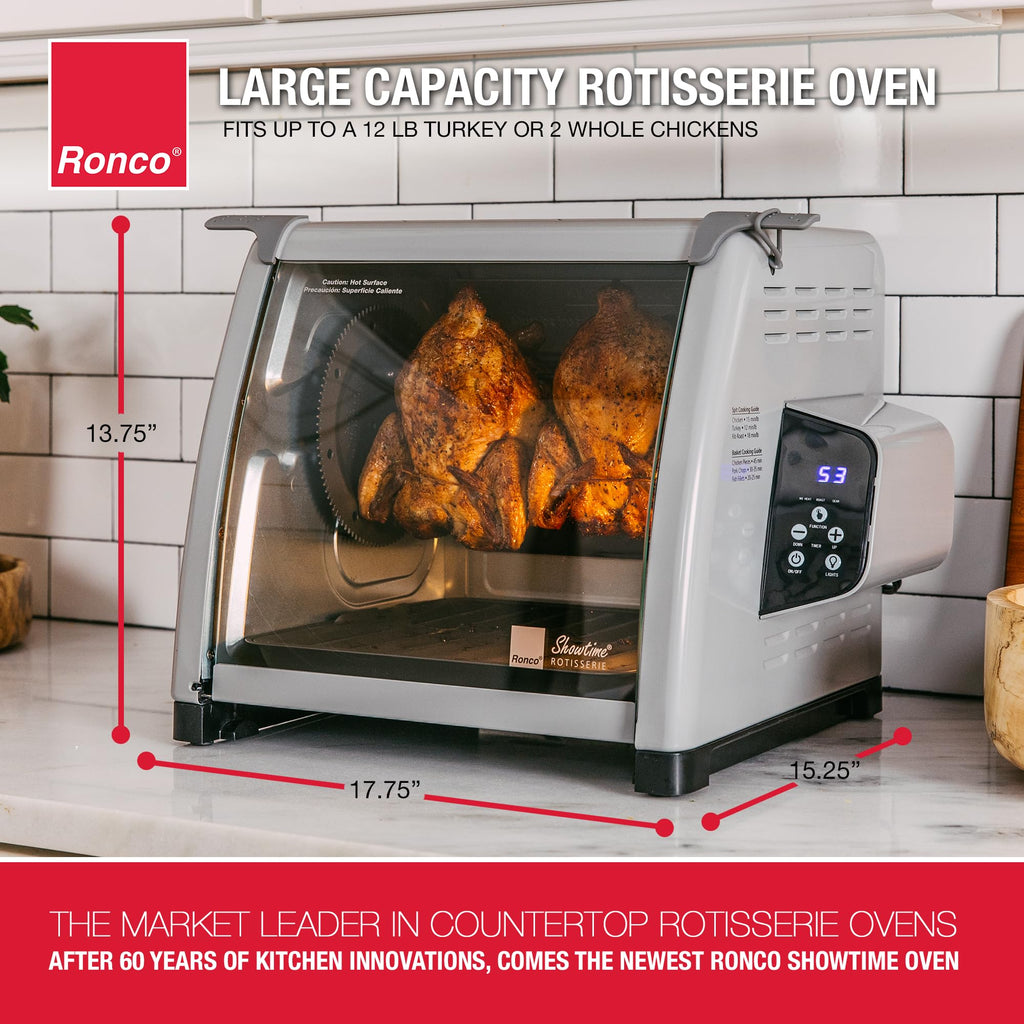 Ronco Showtime Large Capacity Rotisserie & BBQ Oven Modern Edition, Simple Switch Controls, Silicone Door Tie, Auto Shutoff, Includes Multipurpose Basket