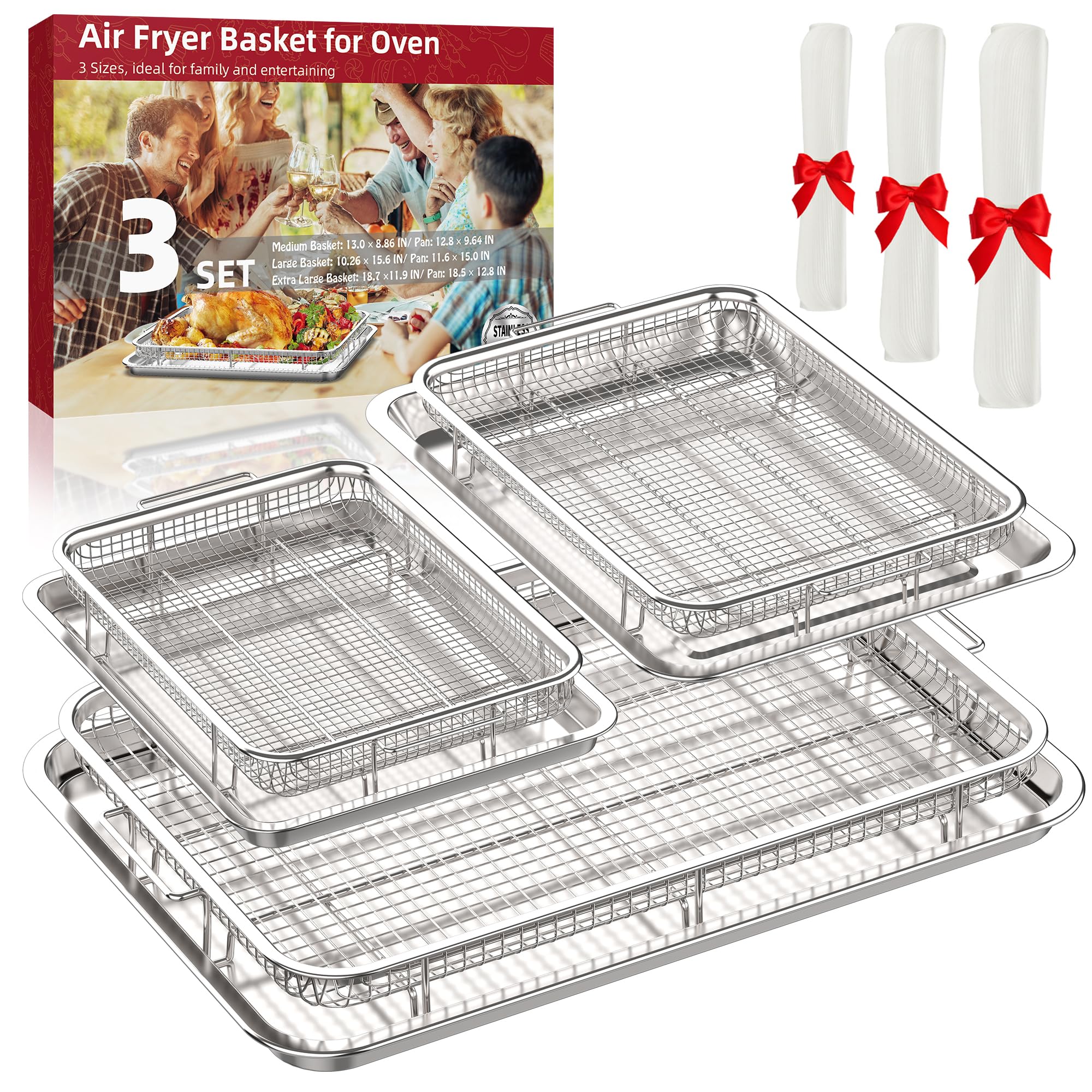 Oven Air Fryer Basket and Tray, OPENICE Stainless Steel Air Fryer Basket for Oven, Air Fryer Tray and Pan Set for Crisping Baking