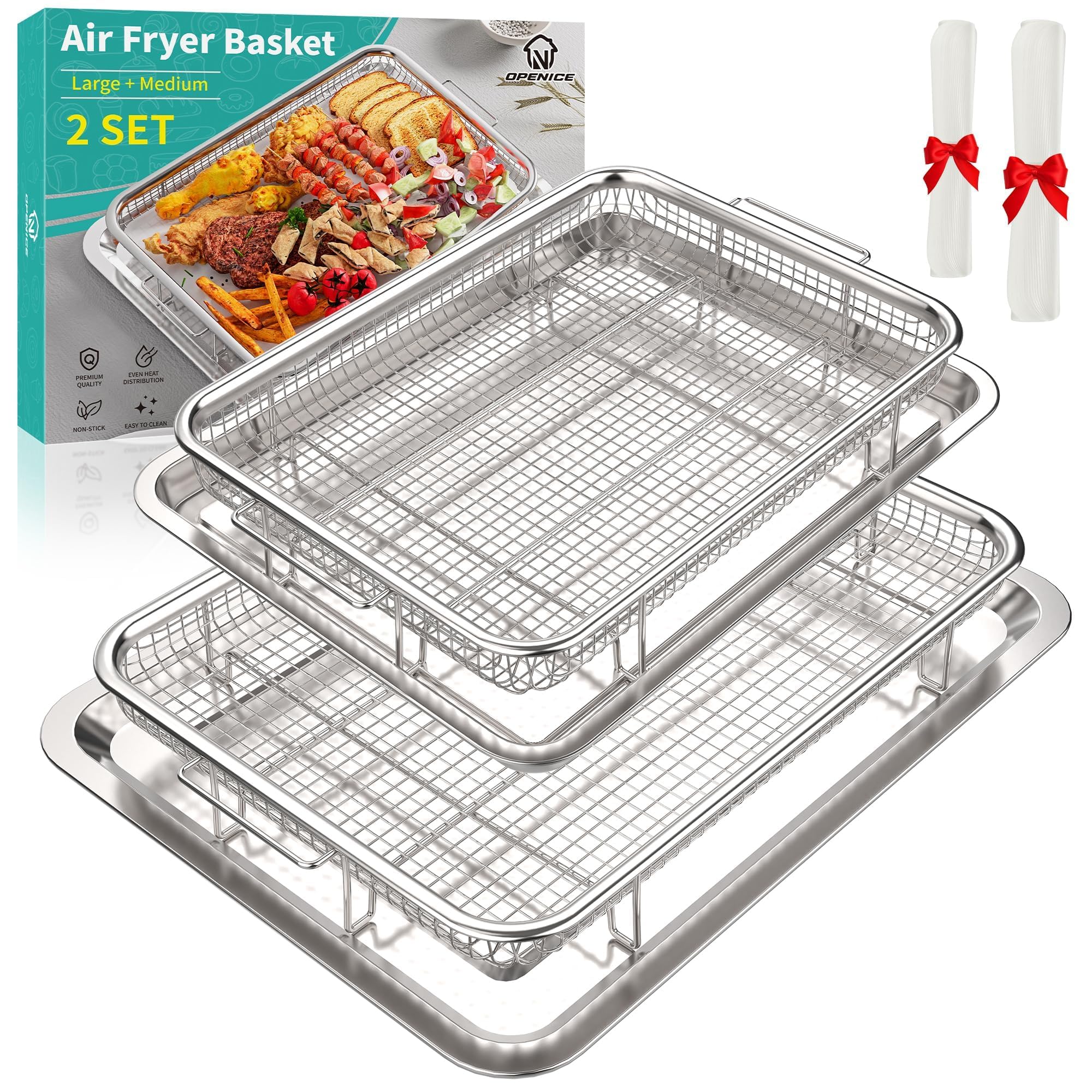 Oven Air Fryer Basket and Tray, OPENICE Stainless Steel Air Fryer Basket for Oven, Air Fryer Tray and Pan Set for Crisping Baking
